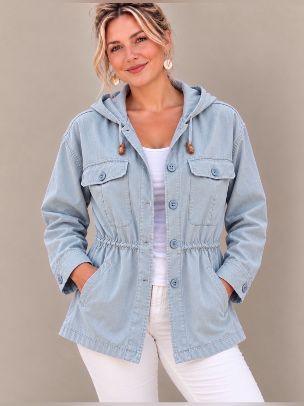 Ralph Lauren Linen Hooded Jacket Safari Style Drawstring Waist w Pockets - 1X